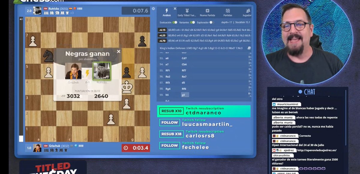 ¡¡Nuestro gran MI Rubén Domingo venció en el #TitledTuesday de <a href="/chesscom/">Chess.com</a>  al GM Alexander Grischuk!!

¡Así lo narraba <a href="/capakhine/">Luis Fernández Siles</a> en directo!  👉🏻 twitch.tv/videos/1821392…