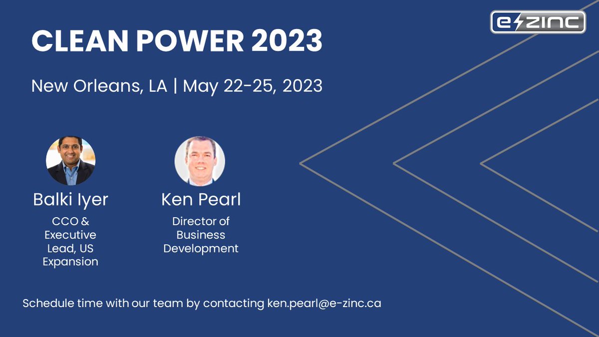 e-Zinc (@ezinc_energy) on Twitter photo e-Zinc’s CCO & Executive Lead, US Expansion, Balki Iyer will be at Cleanpower 2023. Discuss with us how LDES (Long duration energy storage) has the potential to bring clean, reliable, and affordable power to battery energy storage systems. To learn more >> ken.pearl@e-zinc.ca e-Zinc’s CCO & Executive Lead, US Expansion, Balki Iyer will be at Cleanpower 2023. Discuss with us how LDES (Long duration energy storage) has the potential to bring clean, reliable, and affordable power to battery energy storage systems. To learn more >> ken.pearl@e-zinc.ca