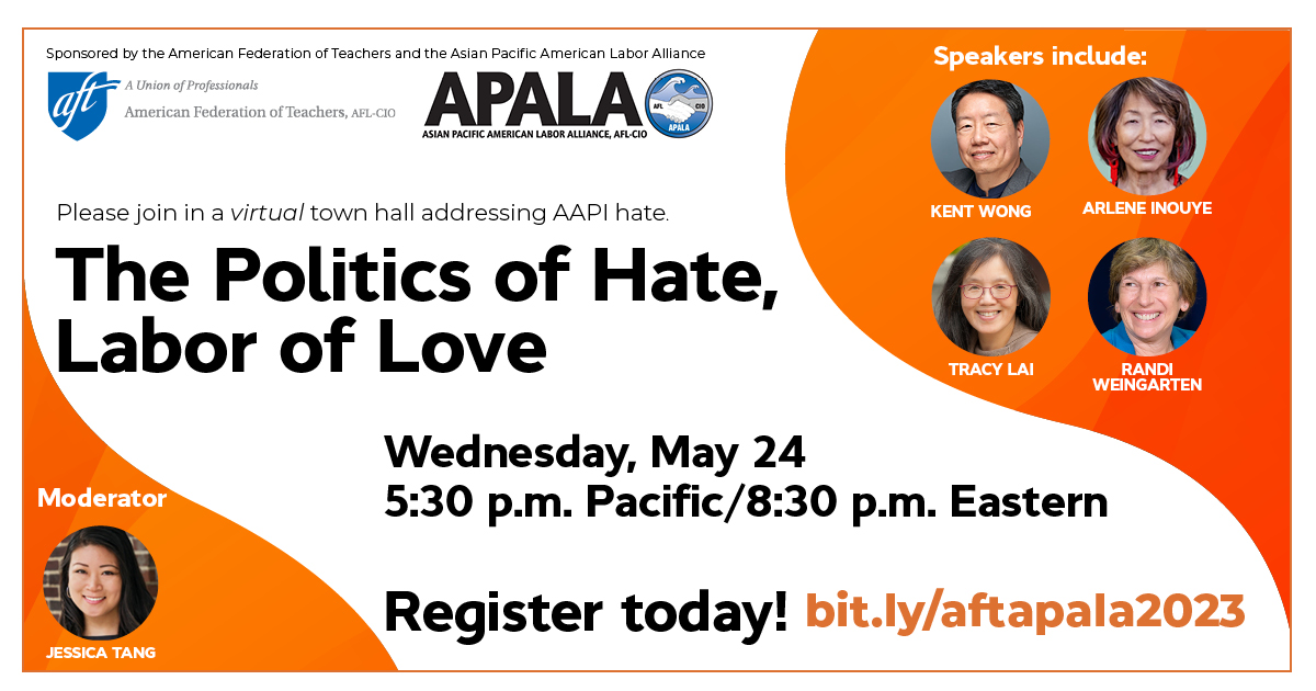 AFTunion's tweet photo. On Wednesday, we're co-hosting an important conversation with @APALAnational about addressing #AAPI hate featuring @UCLALabor's Kent Wong, @UTLAnow's @ArleneInouye, Tracy Lai, @BTU66's @JessJTang &amp; @rweingarten. 

Register: https://t.co/fHa7MwlHkL #AAPIHeritageMonth #AAPIproud https://t.co/ckr2XF5v1m