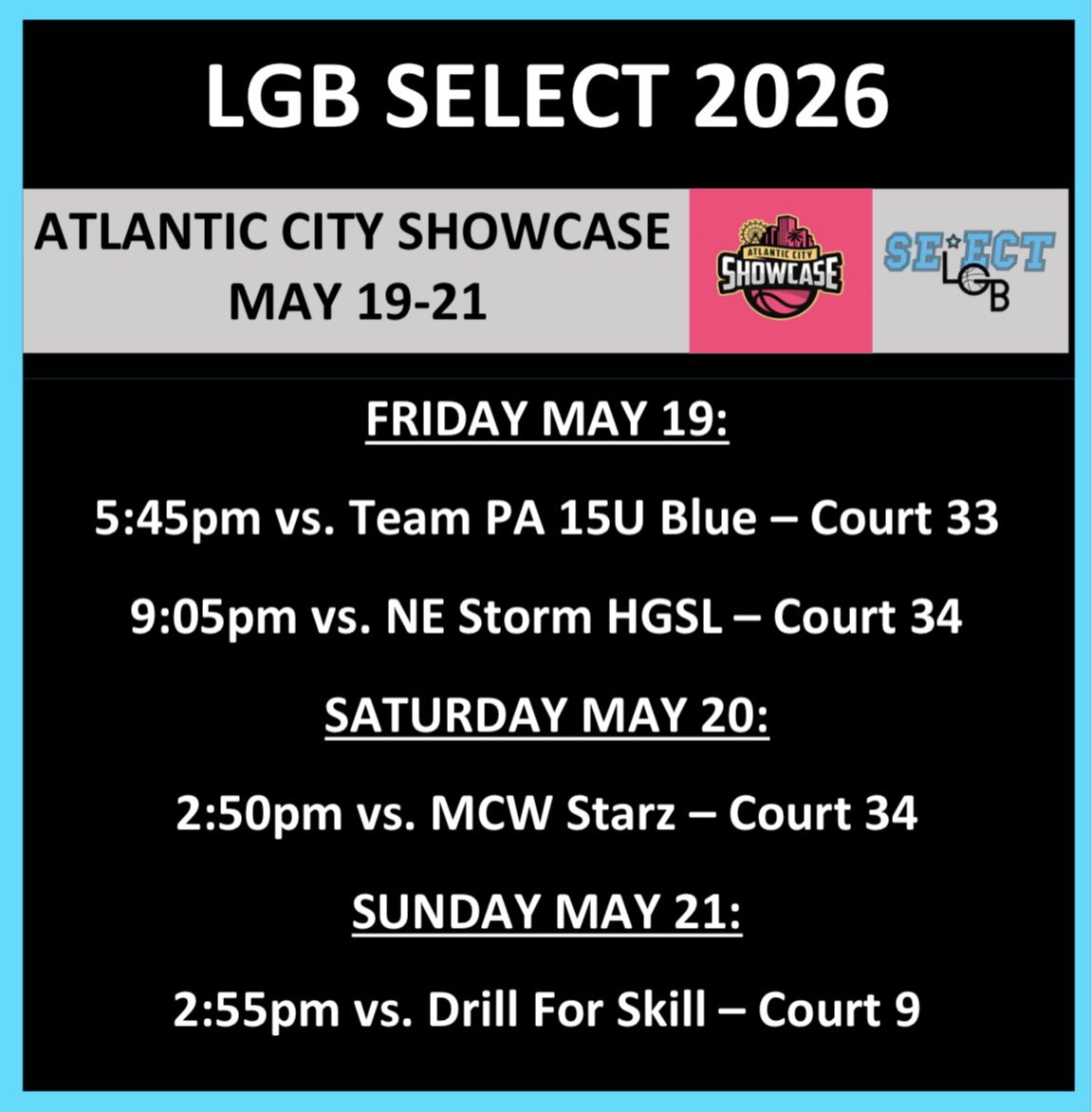 Schedule Drop 👇👇👇

This weekend all 3 LGB Select High School teams will be in action at the <a href="/SelectEventsBB/">Select Events Basketball</a> Atlantic City Showcase! 

#LGBSelect2024
#LGBSelect2025
#LGBSelect2026 

Come check us out!!!! #HWNL
