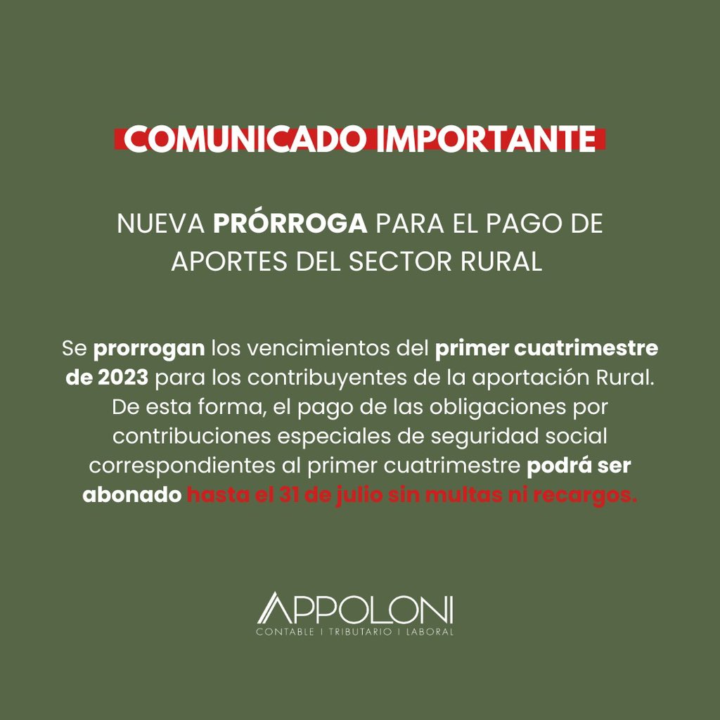 estudioappoloni's tweet photo. AGRO -  Prórroga BPS Rural, primer cuatrimestre 2023. https://t.co/lV9P6WsQLs