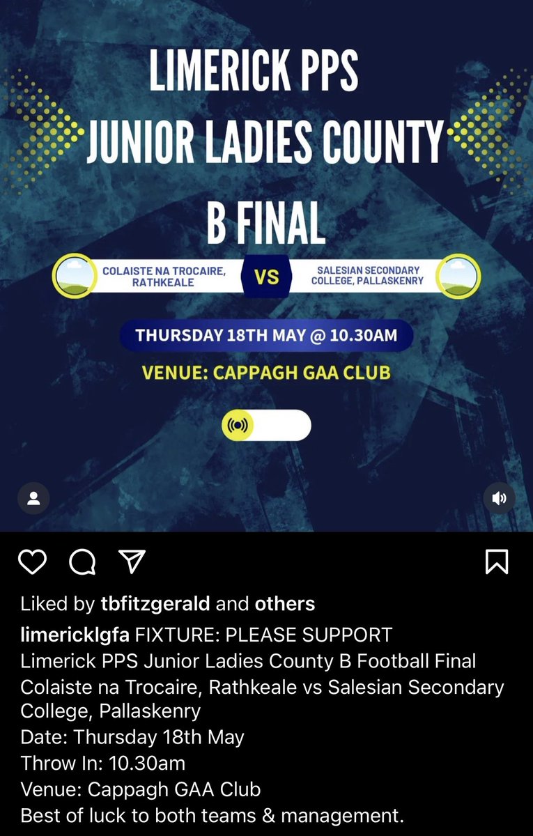 CNTrocaire's tweet photo. FIXTURE: PLEASE SUPPORT
Limerick PPS Junior Ladies County B Football
Final
Colaiste na Trocaire, Rathkeale vs Salesian Secondary College, Pallaskenry Date: Thursday 18th May Throw In: 10.30am
Venue: Cappagh GAA Club
Best of luck to both teams &amp; management. https://t.co/QoVNtPSdkG