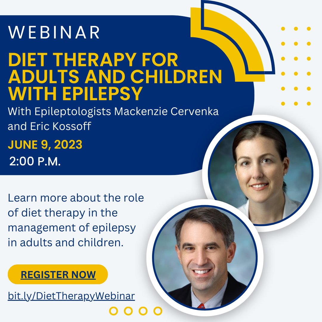 Johns Hopkins Epilepsy Center (@hopkinsepilepsy) on Twitter photo Can diet therapy help manage you or your child’s #epilepsy? Join Drs. Mackenzie Cervenka & <a href="/KossoffEric/">Dr. Eric Kossoff</a> for a free webinar on June 9 at 2 p.m. ET. Learn more/register at bit.ly/DietTherapyWeb… Can diet therapy help manage you or your child’s #epilepsy? Join Drs. Mackenzie Cervenka & <a href="/KossoffEric/">Dr. Eric Kossoff</a> for a free webinar on June 9 at 2 p.m. ET. Learn more/register at bit.ly/DietTherapyWeb…