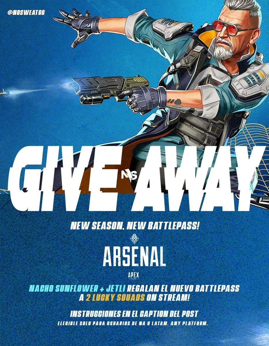 ggnosweat's tweet photo. 🚨REMEMBER QUE HOY HAY GIVEAWAY🎁

Tú y tu squad tienen 2 CHANCES de ganarse el nuevo Arsenal Battle Pass de Apex on us! Winners se anuncian en los streams de @Nacho_Sunflower &amp; @Jet_liiiii ⚡ 

-- ENTER --
- Nacho🌻
https://t.co/IGGfuENwbs 
  
- Jetli⚡
https://t.co/p5OuNtP572 https://t.co/rmVdHmCX42