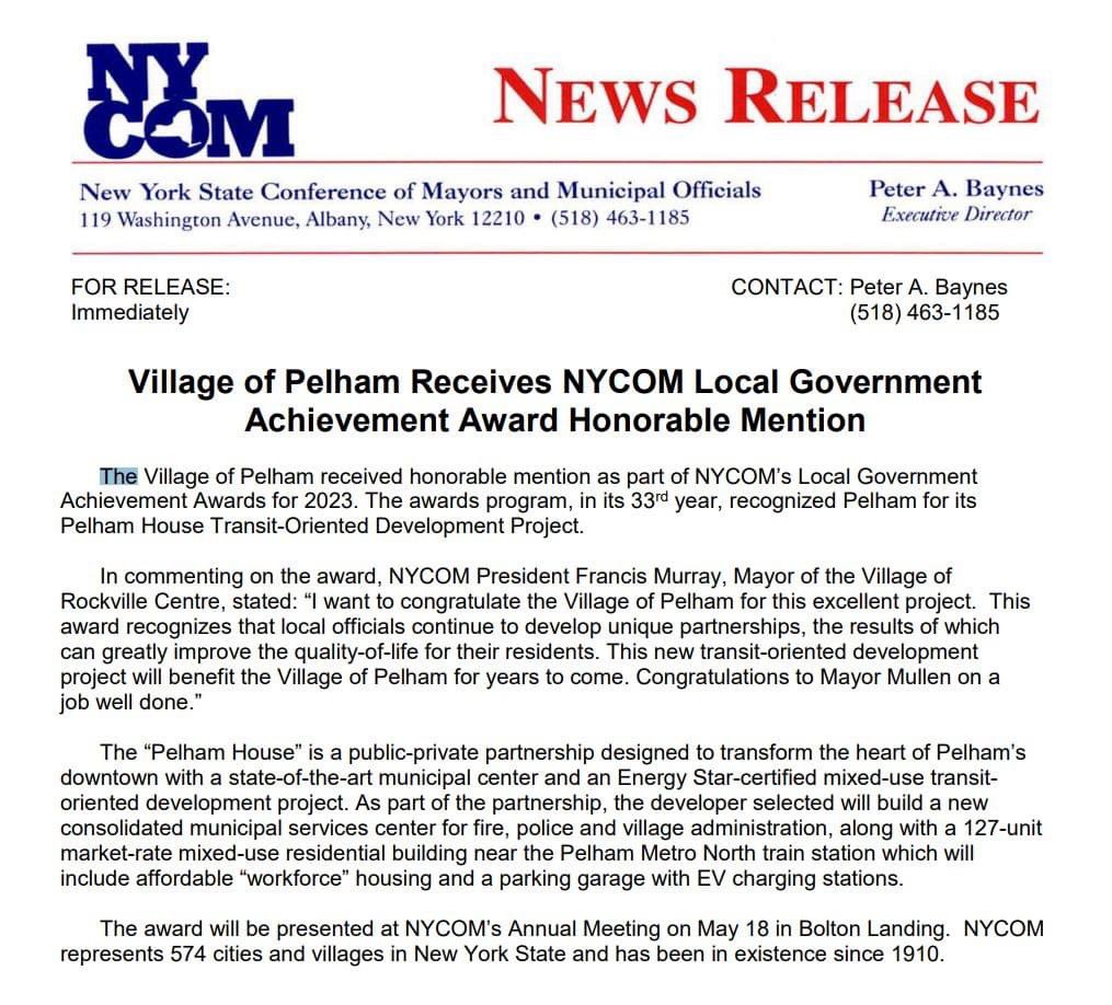MayorChanceVOP's tweet photo. Our sincerest thanks to @NYMayors for honoring our community’s work. Looking forward to the celebration at the Annual Meeting this week.
#PelhamForward
#LocalGovernmentAchievementAward https://t.co/vFJKjqrBr0