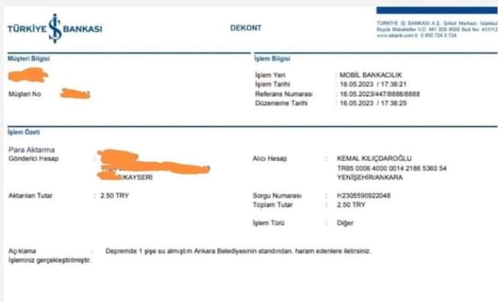 SENİ ALNINDAN ÖPÜYORUM…

Elbistan depreminde 11 yakınını kaybeden vatandaş Kemal Kılıçdaroğlu’na havale gönderdi ve ”Ankara Belediyesi stantından bir şişe su almıştım onun parasını size gönderiyorum haram edenlere iletirsiniz” şeklinde açıklama yaptı.