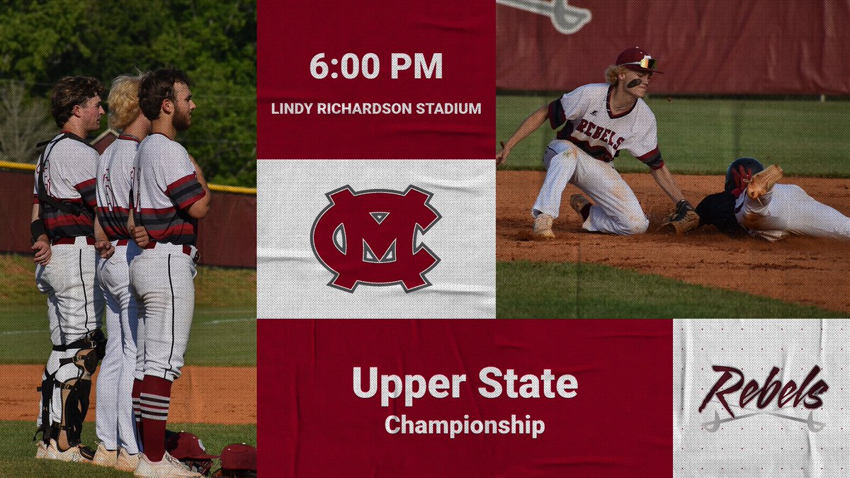 MCRebelBaseball's tweet photo. Upper State Championship will take place tomorrow night at Linday Richardson Stadium.  First pitch is at 6:00.  Hope to see you there! https://t.co/7gguFOgYwY