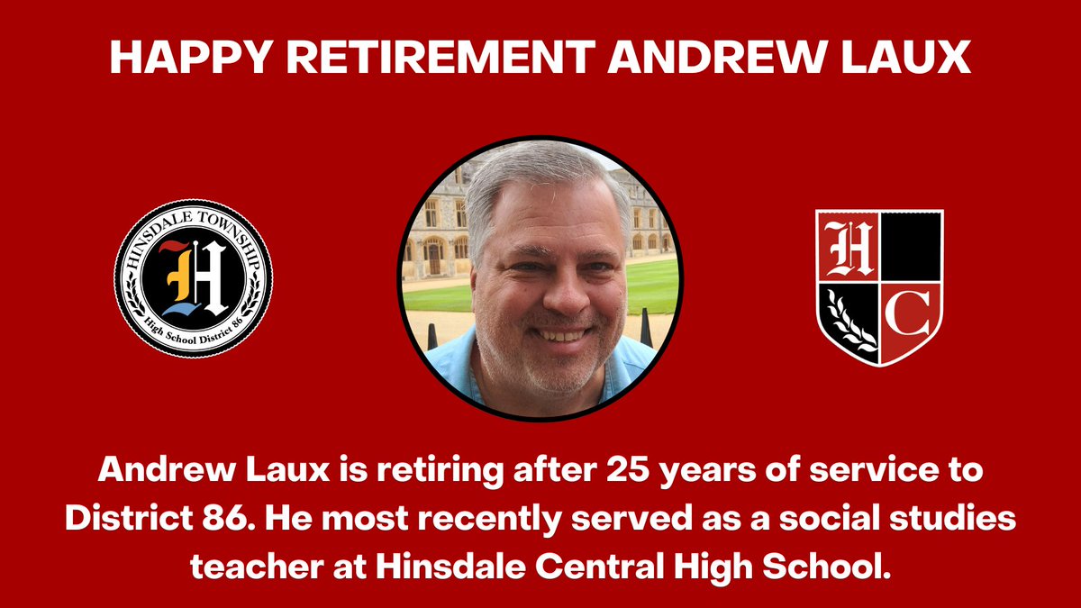 ThisIsHCHS's tweet photo. We want to congratulate Andrew Laux on his upcoming retirement.

We thank him for 25 years of dedicated service to District 86, and wish him the best as he begins this exciting new chapter. #RedDevilNation https://t.co/1Ce6d1QOgG