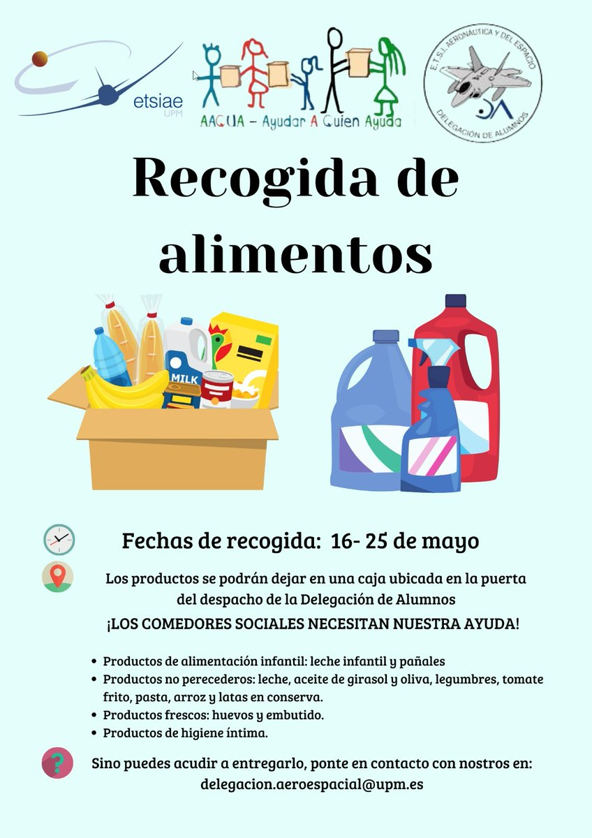 Siempre que empezamos una nueva Campaña de recogida de alimentos hay montones de empresas e Instituciones que se adhieren a la recogida.
En este caso tenemos a la Escuela Técnica Sup. de Ingeniería Aeronáutica y del Espacio que mañana empiezan Campaña ¡Bravo! <a href="/ETSIAE/">ETSIAE</a> / <a href="/Aaqua_es/">Ayudar a quien Ayuda</a>