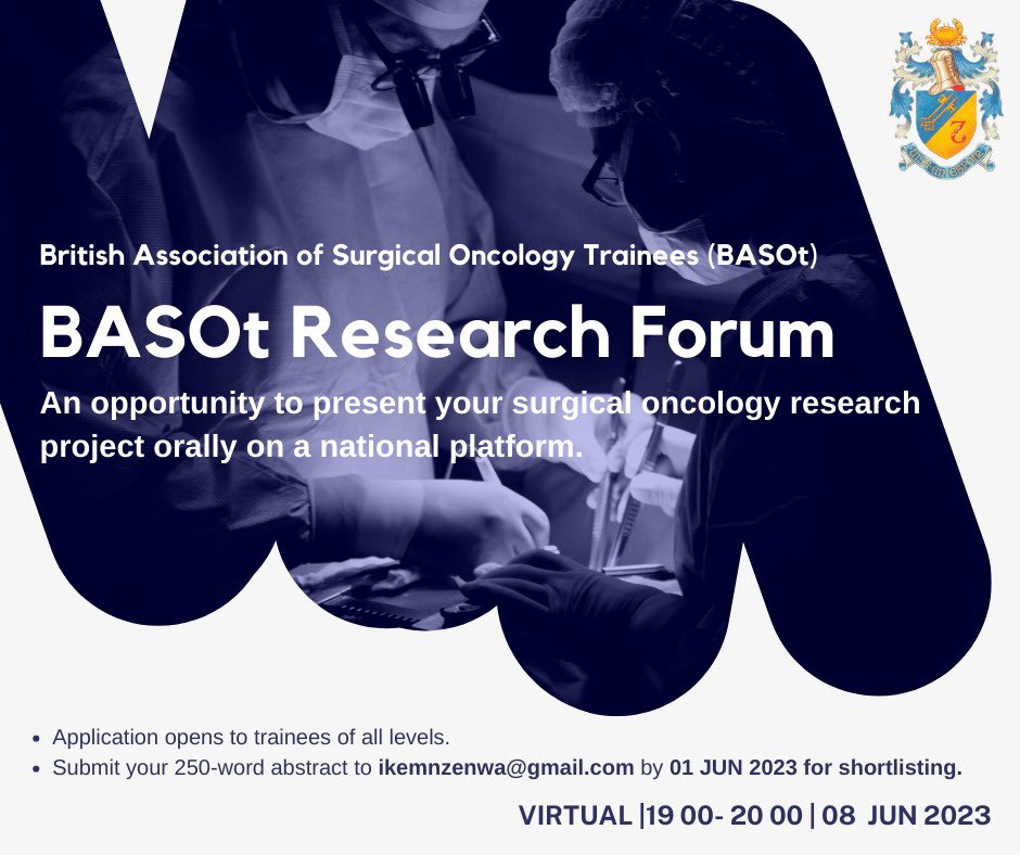 BASO Trainees (BASOt) (@surgoncta) on Twitter photo Our second research forum for trainees to share their research related to surgical oncology while boosting portfolios! Submit your abstract by 1st June 2023 for an opportunity to present your work orally on a national level! <a href="/BASO_ACS/">BASO~The Association for Cancer Surgery</a> <a href="/PColorectal/">Portsmouth Colorectal</a> <a href="/JimkhanMD/">Jim Khan</a> <a href="/cut_tt_chase/">Chase Ng</a> Our second research forum for trainees to share their research related to surgical oncology while boosting portfolios! Submit your abstract by 1st June 2023 for an opportunity to present your work orally on a national level! <a href="/BASO_ACS/">BASO~The Association for Cancer Surgery</a> <a href="/PColorectal/">Portsmouth Colorectal</a> <a href="/JimkhanMD/">Jim Khan</a> <a href="/cut_tt_chase/">Chase Ng</a>