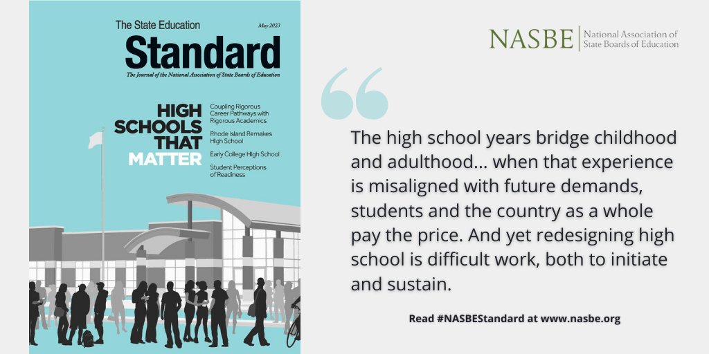 In the new #NASBEStandard, authors @RusslynnAli, @CarnegieFdn Knowles, @GeneBottoms, @RIDeptEd’s @AInfanteGreen, @ECHSResearch Julie Edmunds, and @eddatacampaign’s @jennbellell recommend innovative reforms at the high school level. Read their insights: nasbe.org/high-schools-t…