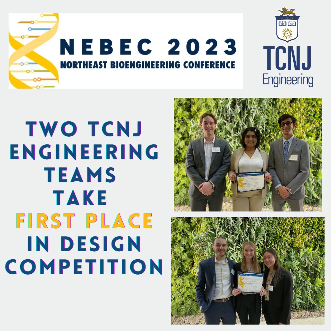 EngineeringTcnj's tweet photo. Two #TCNJEngineering teams clinched 1st place at the Northeast Bioengineering Conference (#NEBEC). Learn about their remarkable senior capstone projects aimed at improving the patient experience. #Innovation #BiomedicalEngineering #TCNJ #SeniorCapstone
https://t.co/4KzcPUyXd2 https://t.co/1bvFdtYphC