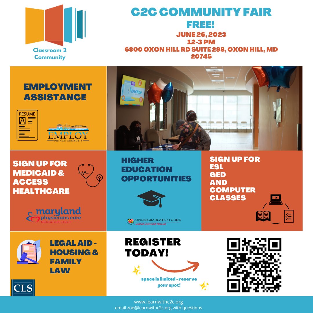 Next month in Prince George's County! 📢 Reserve your spot at the Community Fair today to get legal aid, healthcare, employment assistance, and MORE! Scan the QR code to register.