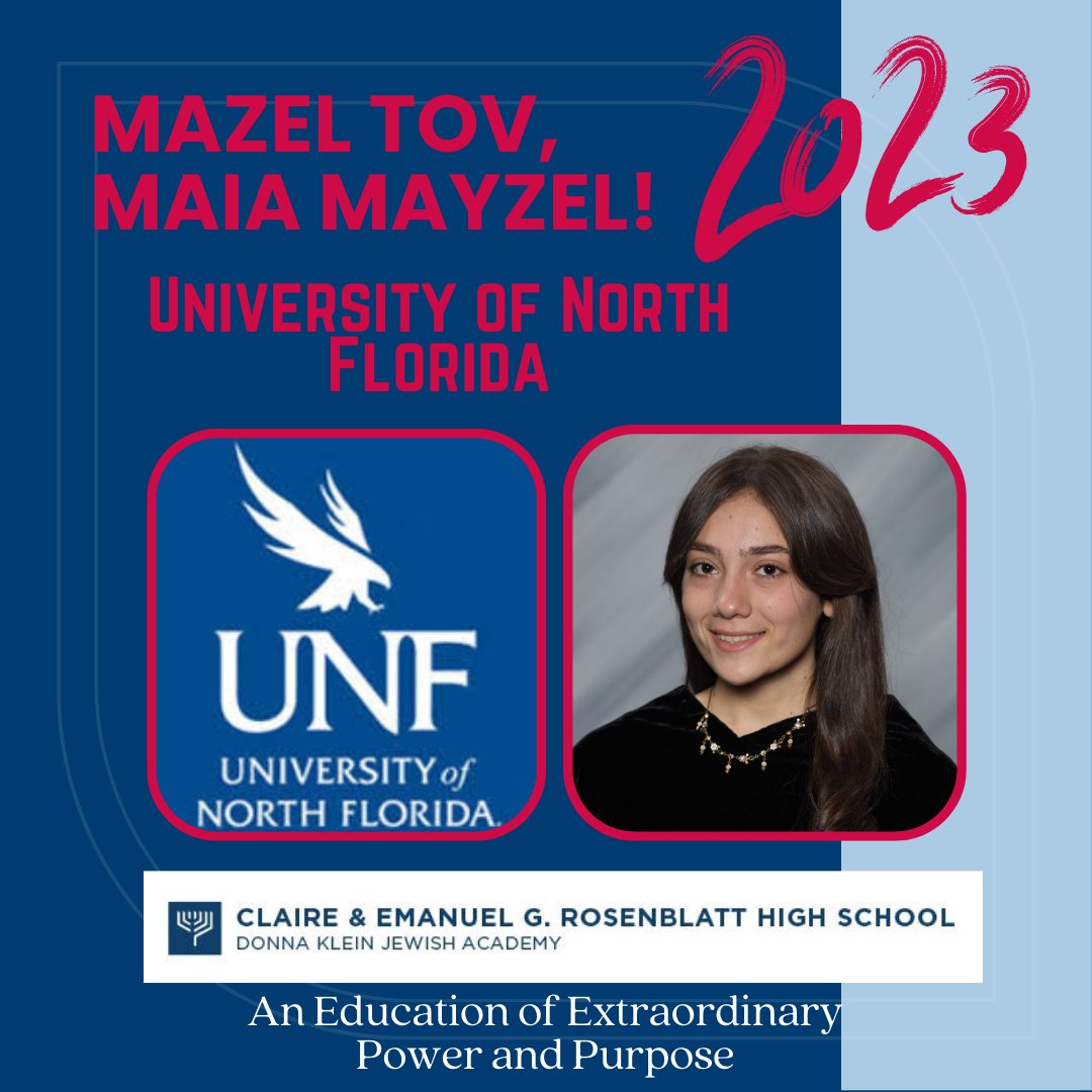 DKJABoca's tweet photo. #DKJA Senior Maia Mayzel is heading to the University of North Florida this Fall. Congratulations on your acceptance. We couldn't be more proud of you! Keep an eye on DKJA's social media accounts to find out where our seniors will be studying next year. https://t.co/O7k88esbFQ