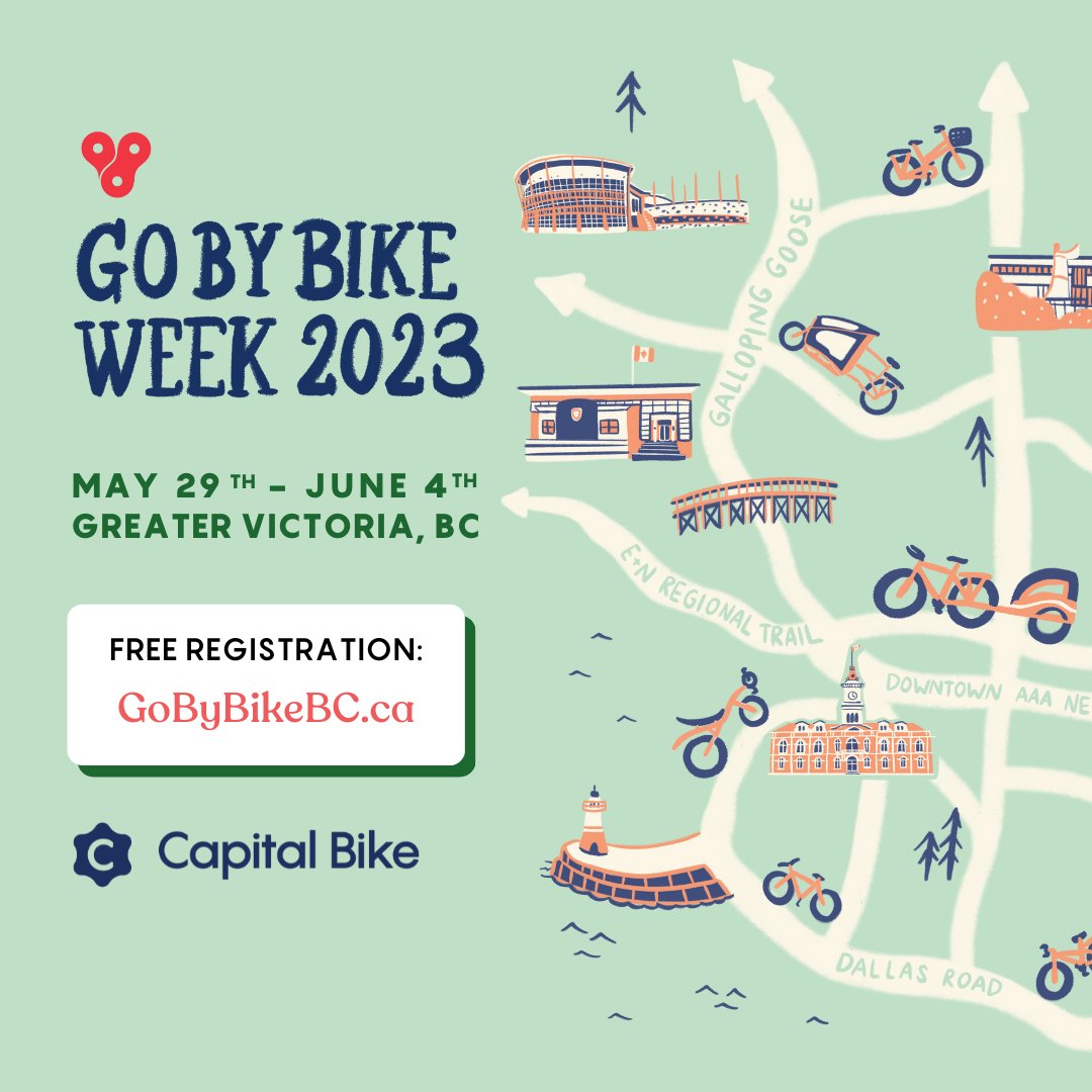 green_uvic's tweet photo. #GoByBikeWeek2023 is right around the corner, and it's time to hop on your bikes and join us for a little friendly competition!

Leave the car at home and register your team for free (https://t.co/CPRP8VOZHW). 

#GGBW #GoByBikeYYJ https://t.co/ldqp1ivIL4