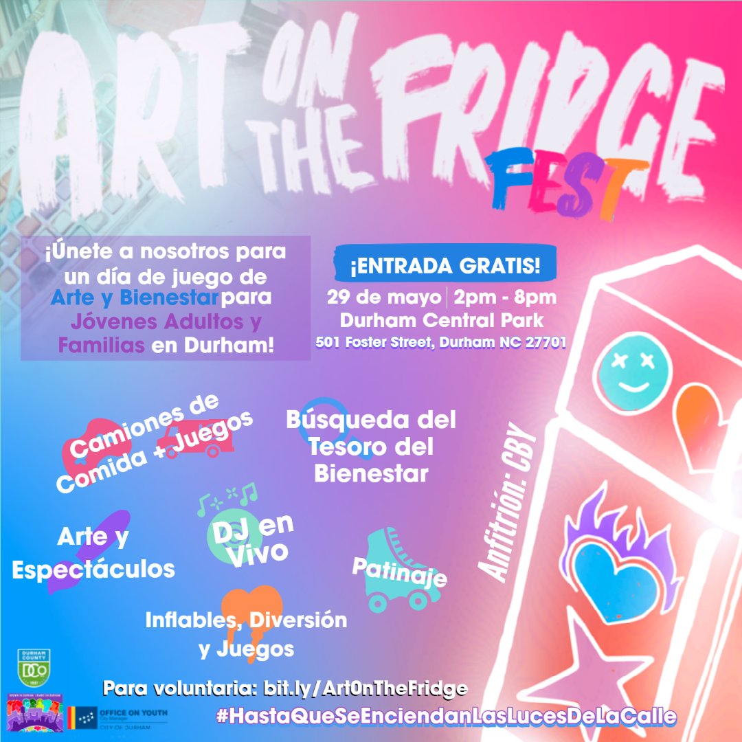 📣Calling Durham youth! Are you ready to have some fun in the sun? 🌞

Join <a href="/youthspeakDURM/">City of Durham Office on Youth</a> at Durham Central Park for the first-ever “Art on the Fridge Fest” on 5/29 from 2-8 p.m.

This 🆓 event will be a day full of fun activities, great music, excellent food, &amp; more! 🛼 📖🤸‍♂️