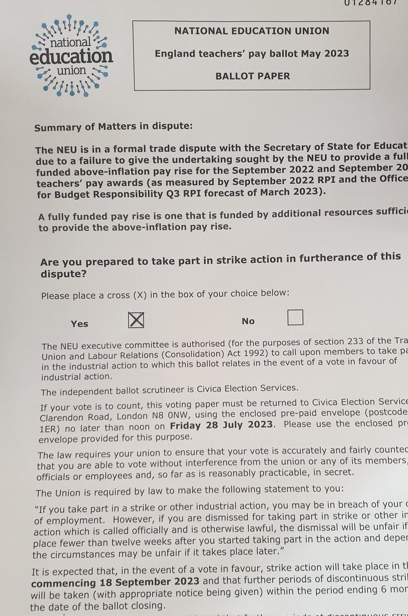 teachermumdone's tweet image. The ballot has landed! 
Sealed and ready to return tomorrow. Come on @NEUnion let's do this 💪✊ #strikeballot #voteyes #standupforeducation #payup