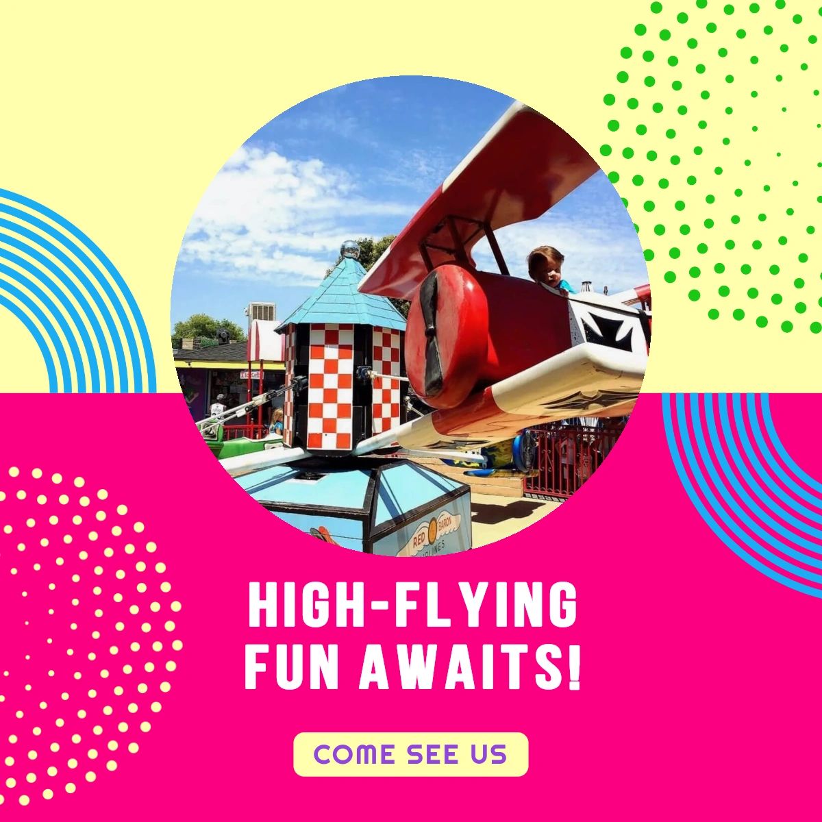 The only thing that'll soar higher than our #RedBaronAirplanes is your child's imagination! Make sure your little one has a chance to try this ride here at Pixieland. 🛩️ #PixielandAmusementPark