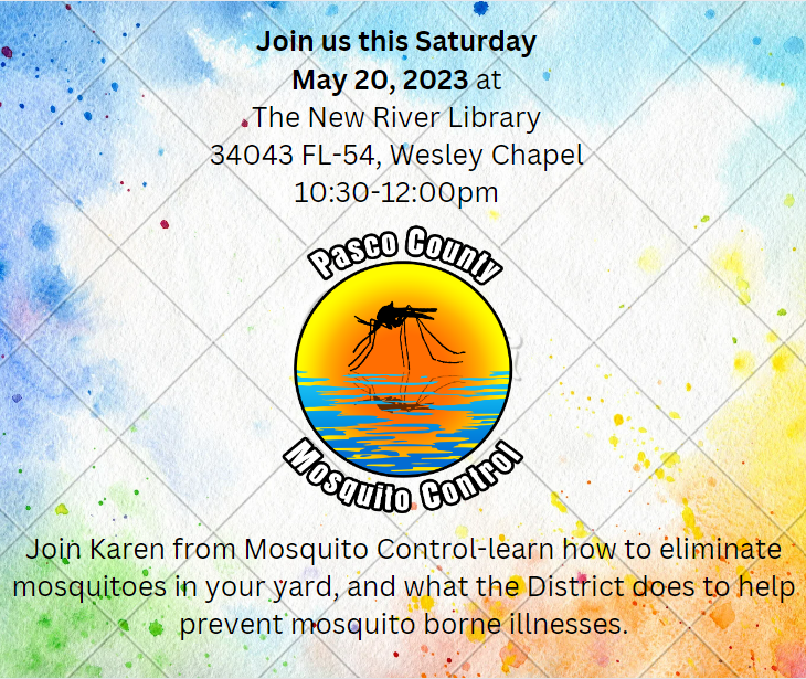 PascoMosquito's tweet photo. Wesley Chapel's New River Library is hosting one of the #PCMCD's Mosquito Ladies this Saturday! Come learn about our #IntegratedMosquitoManagement program. We hope to see you there. https://t.co/9tdnxcwN20