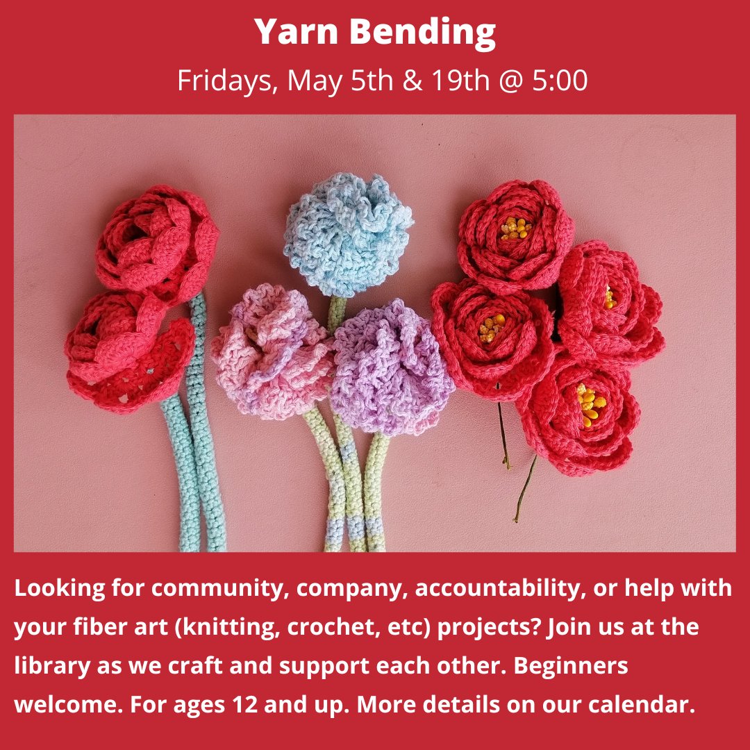 MillbrookLib's tweet photo. This Fri May 19th at 5 Millbrook Library's fiber arts group Yarn Bending will be meeting
Beginners welcome. For ages 12 and up https://t.co/SqCWgpYqfb