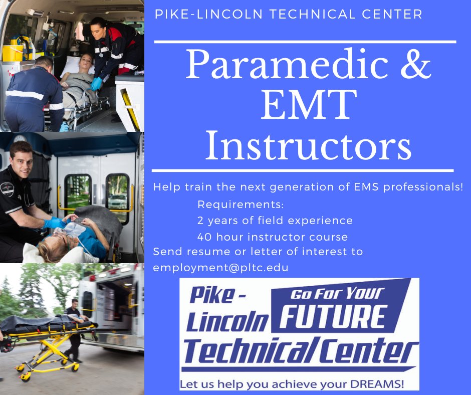 Want to help teach in our EMS program? We are looking for a few part-time EMS instructors,  Send a resume or letter of interest to employment@pltc.edu.

Call the school or send an email if you have questions.