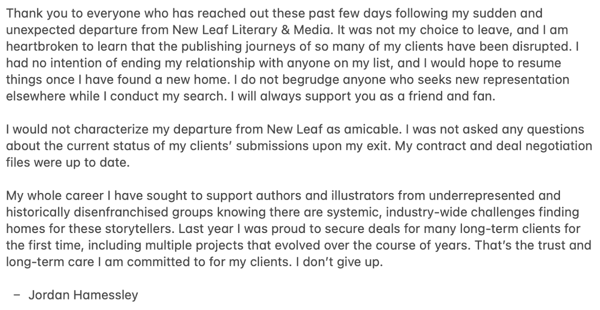 My statement on my departure from New Leaf Literary & Media. Full text follows in the thread below.