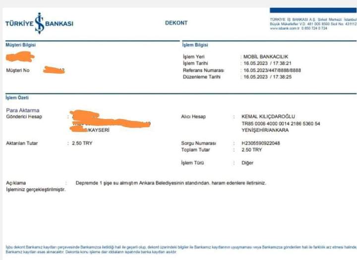 Elbistan depreminde 11 yakınını kaybeden bir vatandaş, Kemal Kılıçdaroğlu'na havale gönderdi. 

"Depremde 1 şişe su almıştım Ankara Belediyesinin standından. Haram edenlere iletirsiniz"

#YAZIKLAROLSUN