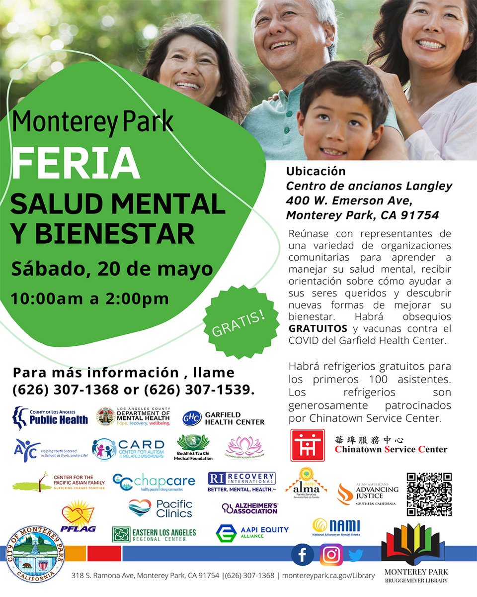 cityofmpk's tweet photo. If you'd like to receive mental health guidance for yourself or a loved one, the City of Monterey Park would like to help.
Sat, May 20, 10a-2p, Langley Senior Ctr
https://t.co/rA1HuAnWoy
@MontereyParkLib @MontereyParkRec #mpkstrong #montereyparkstrong https://t.co/uWwNkTJqXC