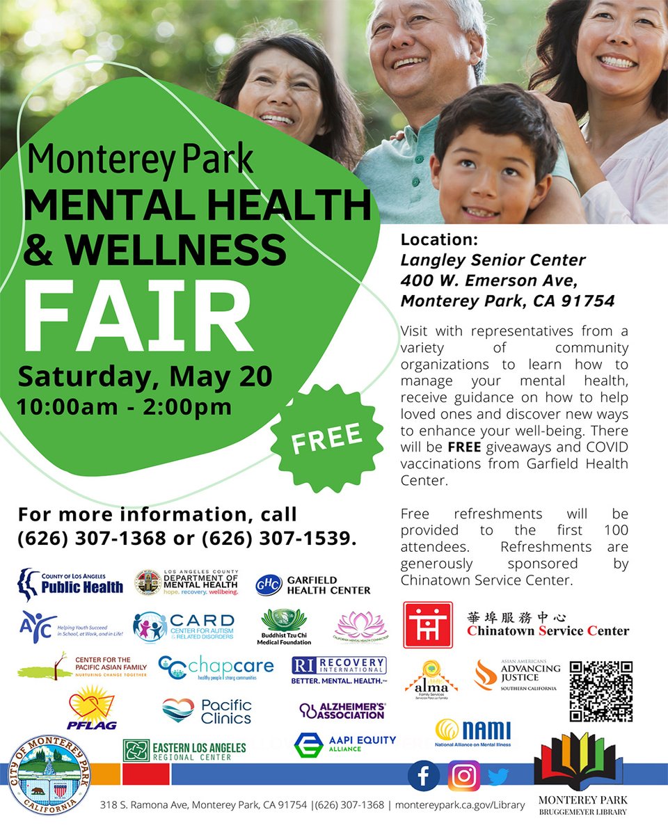 cityofmpk's tweet photo. If you'd like to receive mental health guidance for yourself or a loved one, the City of Monterey Park would like to help.
Sat, May 20, 10a-2p, Langley Senior Ctr
https://t.co/rA1HuAnWoy
@MontereyParkLib @MontereyParkRec #mpkstrong #montereyparkstrong https://t.co/uWwNkTJqXC