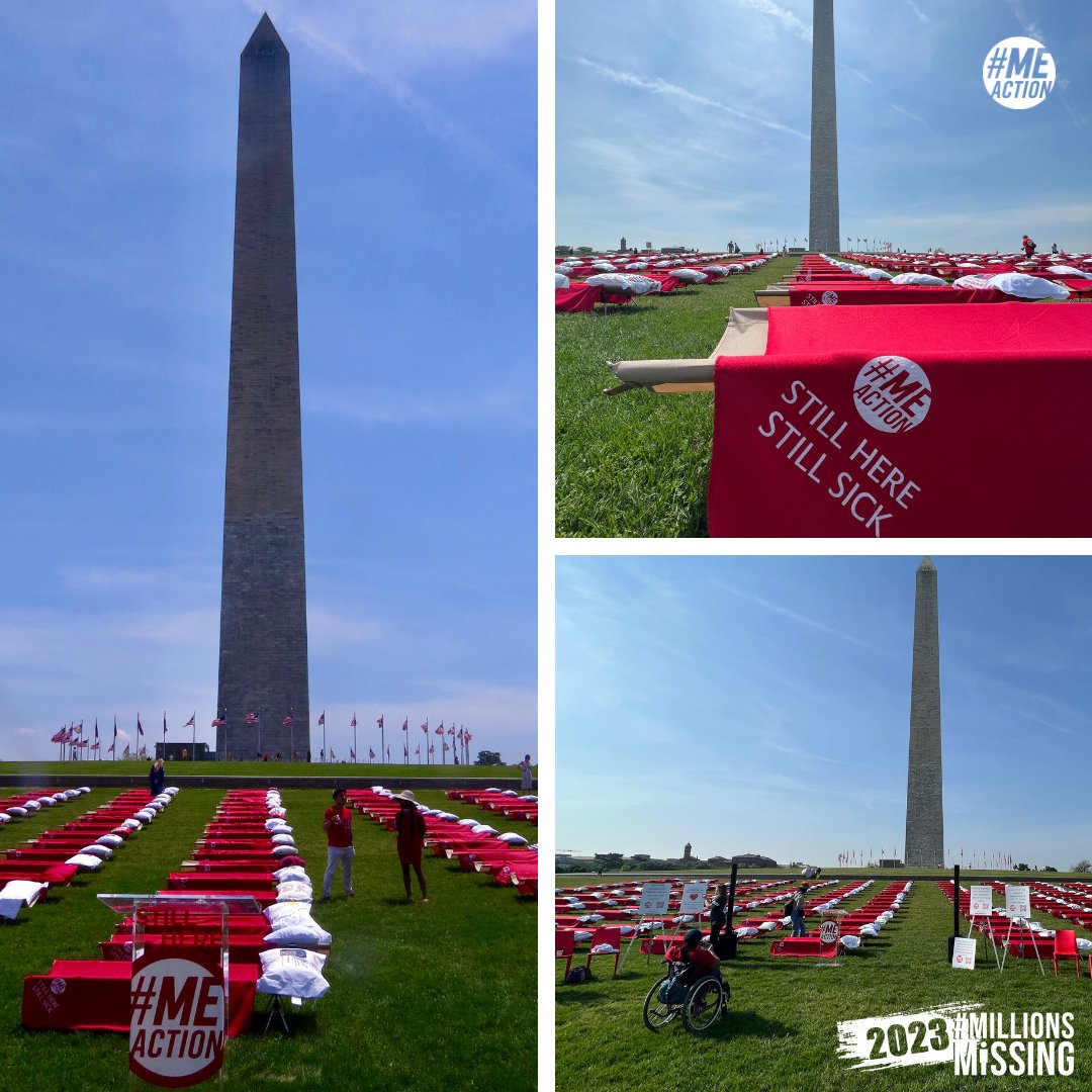 #MillionsMissing-May 12th, 2023 was an emotional day for those attending the art installation in person or at home. Hundreds of passersby, many who had no idea what ME was, were stunned with the image of 300 beds beside the Washington Monument &amp; most importantly, the pillowcases.