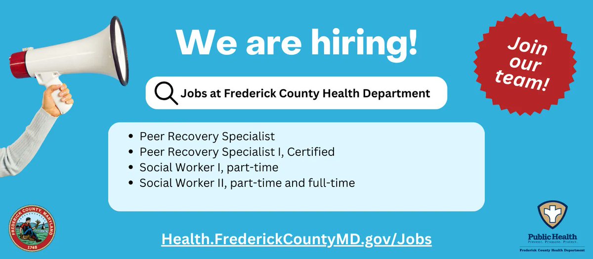 Join our #PublicHealth team! We have a variety of full-time and part-time job openings right now. Check out our current openings here: buff.ly/42KiZTq 

#jobs #FrederickMaryland