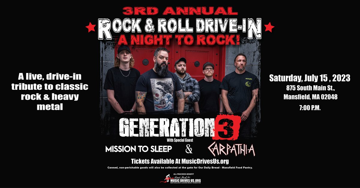 Join Music Drives Us for the 3rd Annual Rock & Roll Drive-In: A Night To Rock on Saturday, 7/15, with performances by Generation Three, Mission to Sleep and Carpathia! Visit musicdrivesus.org to grab your ticket! 🎸