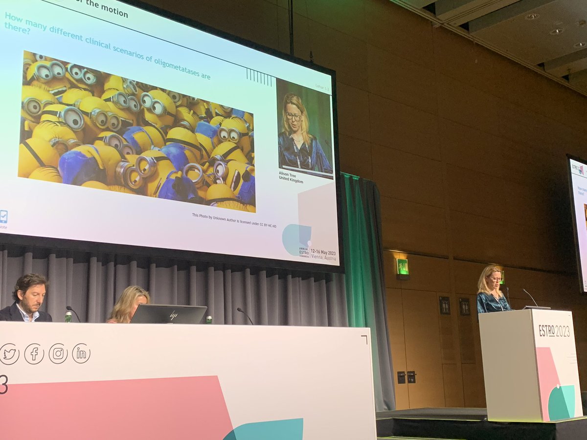 Excellent final day debate <a href="/ESTRO23/">Branimir Petkov</a> for oligometastatic prostate cancer. Alison Tree arguing the case convincingly for a new treatment paradigm. With a few minions thrown in <a href="/alison_tree/">Alison Tree 💙</a>
