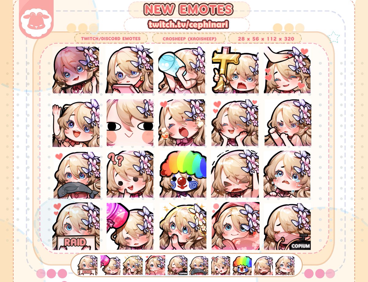 CaoSheep's tweet photo. Emotes done for @cephinari !! 💖💖  

Thank you so much for your opportunity!! ≧▽≦ 

 ✧____________________ ♡  ♡____________________ ✧  #emotes #emoteartist #twitchartist #emote #twitchemotes #artist #emotetwitch https://t.co/K0JG3hVtFI