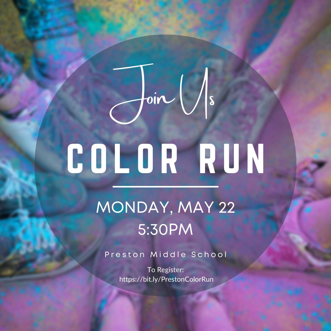 PrestonStem's tweet photo. Join us for Preston's Color Run!  
To register go to:
https://t.co/Pgr5VW7GEd
Send in by mail or drop off the Preston Main Office. https://t.co/VWysV2LsSq