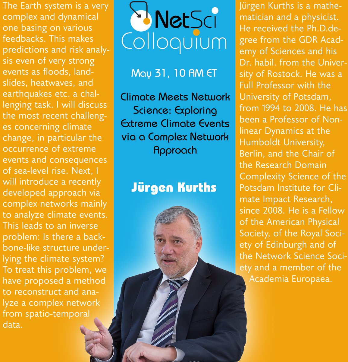 Not to be missed! The final colloquium speaker of the season is living legend Jürgen Kurths. Register here iu.zoom.us/webinar/regist… and tune in on May 31.