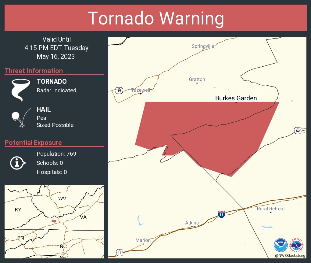 NWS Tornado on Twitter "Tornado Warning including Burkes Garden VA
