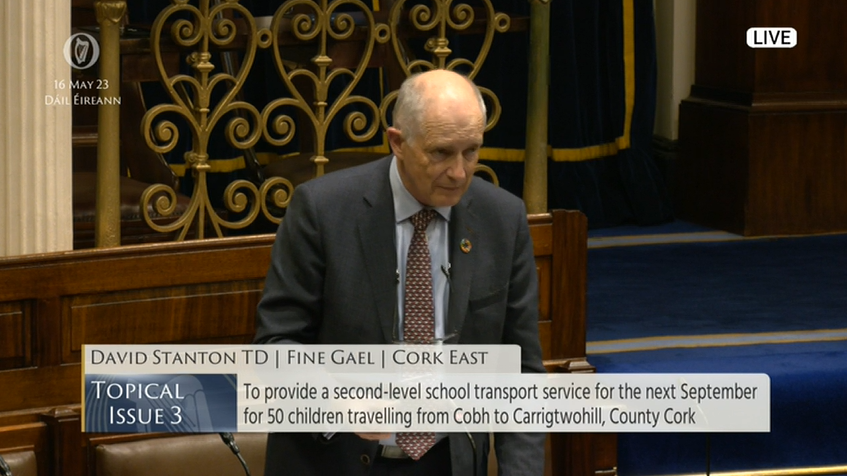 #Dáil Topical Issue 3: Deputy David Stanton TD @davidstantontd - To the Minister for Education: To provide a second-level school transport service for next September for 50 children travelling from Cobh to Carrigtwohill, County Cork. bit.ly/2wRX0Aj #SeeForYourself