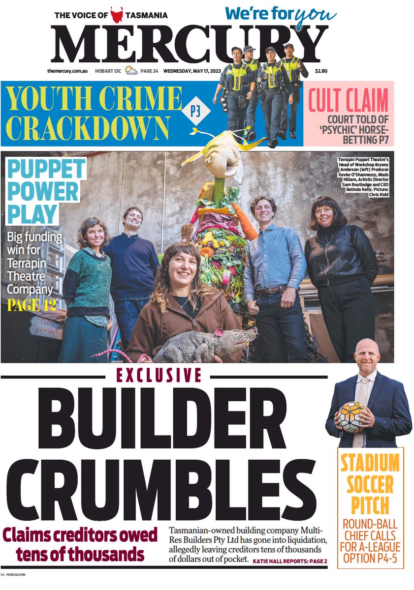 ukpapers's tweet photo. ★ Builder Crumbles

▫Website wiped, calls unanswered: Troubled builder in liquidation
▫Claims creditors owned tens of thousands 
▫@KatieWrites94 ★ 

#frontpagestoday #Tasmania @themercurycomau https://t.co/mnrkD3CrOT