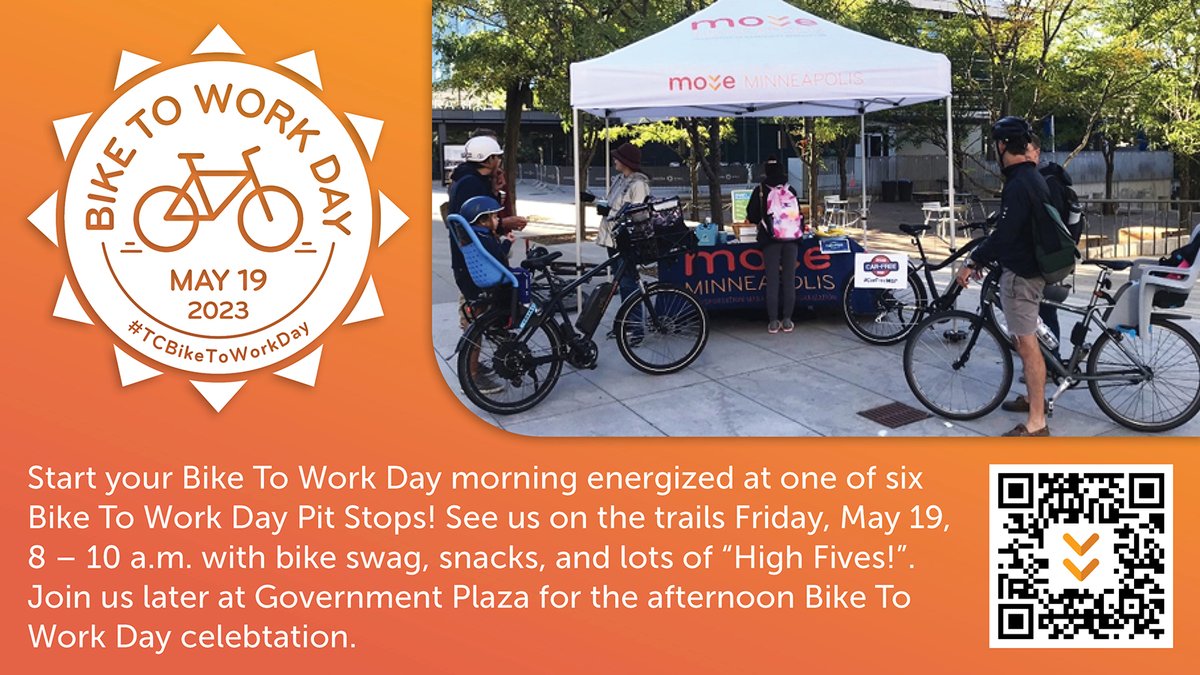 Kick start Bike To Work Day this Fri 8-10 a.m. at 6 Pit Stops:
•N Cedar Trail in SLP -City of St Louis Park
•N side Loring Park - @MplsCollege 
•Peavey Plaza- @AbcRamps 
•1420 N Dowling Ave, N Mpls- @CamdenCycles 
•East side Stone Arch Bridge- @BehindBars
•@UofMBikeCenter