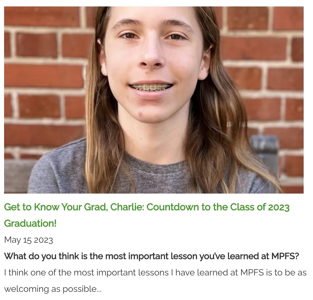 mpfs's tweet image. We'll be posting three interviews per week, each Monday, Wednesday, &amp;amp; Friday, with one of our eighth grade students leading up to the Graduation of the Class of 2023. Catch up on yesterday's post featuring soon-to-be grad Charlie! mpfss.org/news #mpfsquakered
