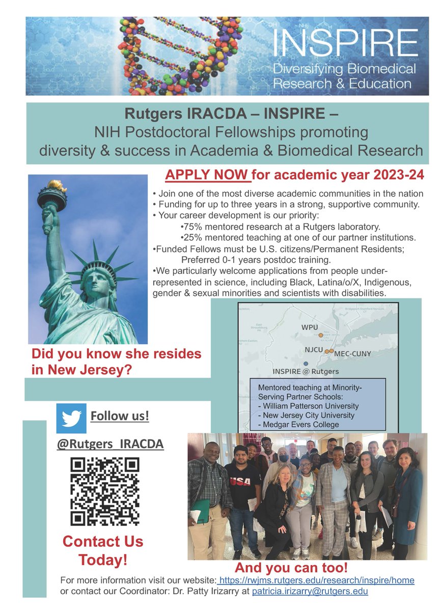 Rutgers_IRACDA's tweet image. Rutgers IRACDA- INSPIRE Postdoctoral Fellowship Program is accepting applications until Friday, May 26th!

Submit your application here: rwjms.rutgers.edu/research/inspi…

Applications will be reviewed starting June 1st!

#PostdocFunding #PostdocChat #ScientificTeaching