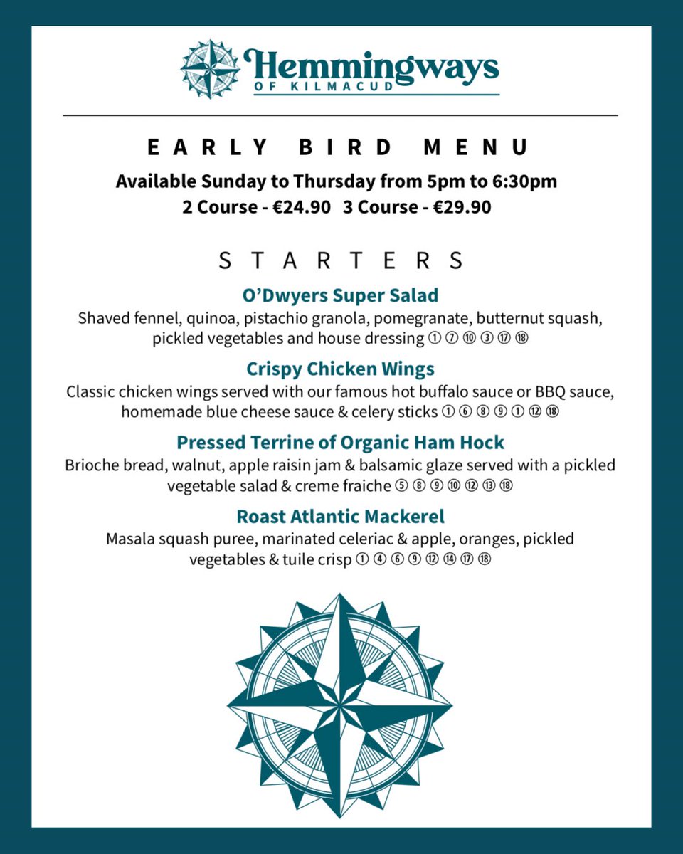 ScottsDublin's tweet photo. ✨ Early Bird Menu ✨
At Hemmingways of Kilmacud we have a fantastic selection to choose from with our Early Bird menu! 
From Roast Atlantic Mackerel and Chicken Wings to Duck Leg Confit and Prime Filet Steak! There’s something for everyone at Hemmingways of Kilmacud! #menu https://t.co/QXLwlN87Zm