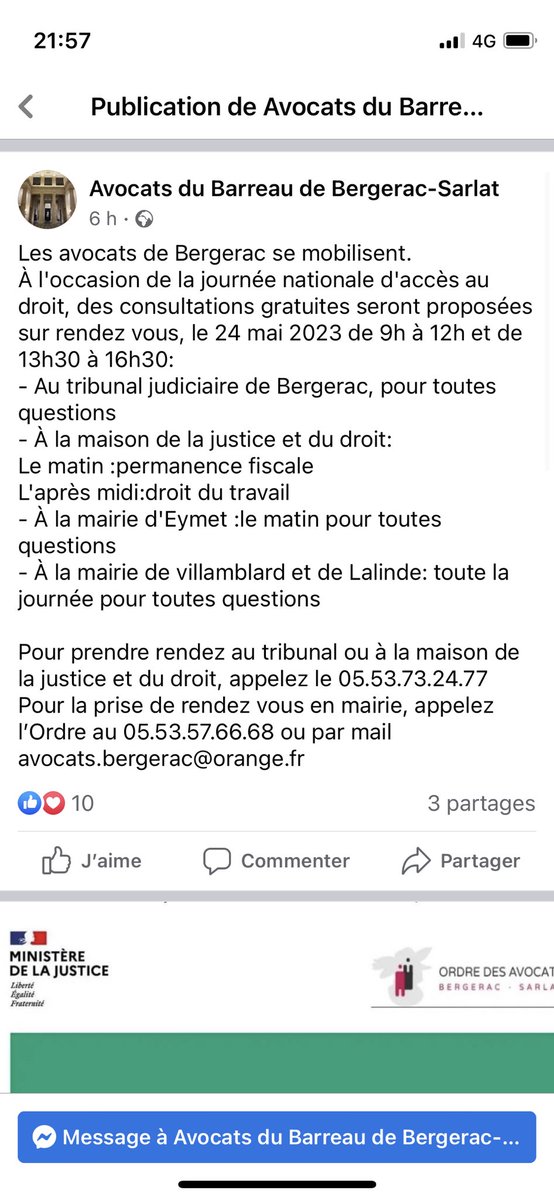 📣 journée nationale d’accès au droit
Consultations gratuites - avocats de Bergerac sur le territoire : 
Tribunal - Maison de Justice et du droit - mairies
Permanences générales - fiscale - droit du travail 
<a href="/CNBarreaux/">Conseil national des barreaux - les avocats</a> 
<a href="/Conf_Batonniers/">ConférenceBâtonniers</a> 
<a href="/VilledeBergerac/">Ville de Bergerac</a> 
#CBGSO