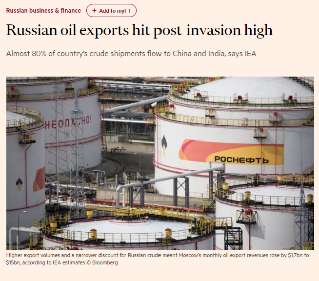 russia exporting more oil than ever,
almost all to china and india