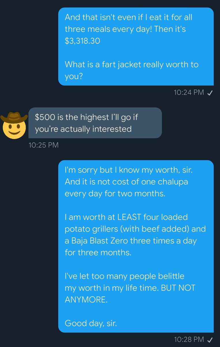 PlayWithJambo's tweet photo. someone asked me if they could mail me their jacket so i could fart on it for three months, and i negotiated https://t.co/b0omijBTsC