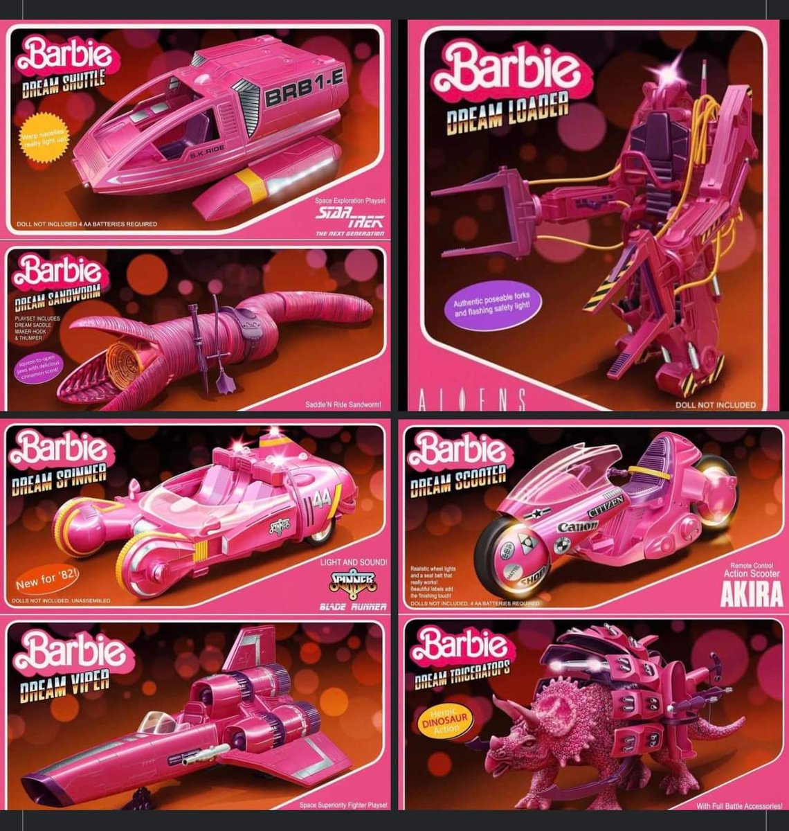 ClockworkUncle's tweet photo. Hey kids! Just got back from the parallel dimension next door...check out the Barbie accessories they got over there! I went for the Dream Shai-Hulud, but just couldn't resist the rest.
#Barbie #Barbiemovie #BarbieTheMovie #Aliens #StarTrekTNG #AKIRA #bladerunner #Dune #RetroToys https://t.co/VFMwtMdX3g