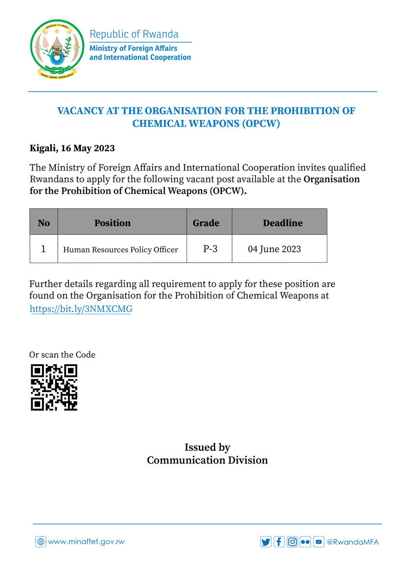 gahigip's tweet photo. "Vacancy at OPCW. Interested candidates can apply via the following link👉🏻https://t.co/sEqTfWYsDn or scan the QR code: https://t.co/6dDp6ZX6uf"