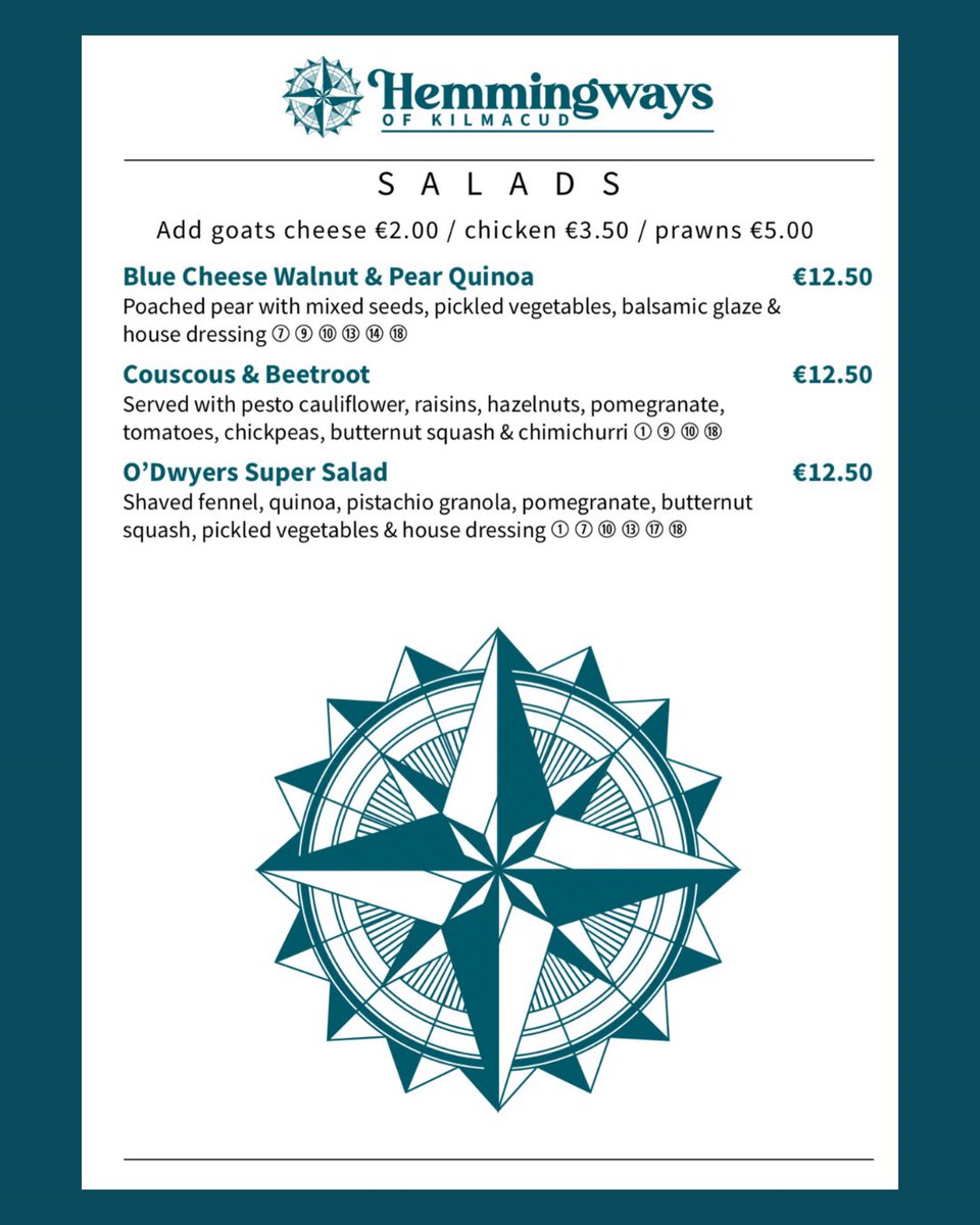 ScottsDublin's tweet photo. ✨ A La Carte Menu ✨
At Hemmingways of Kilmacud we have a fantastic selection of starters, salads and mains with our A La Carte menu! 
From Roast Atlantic Mackerel to O’Dwyers Super Salad and Prime Filet Steak! There’s something for everyone at Hemmingways of Kilmacud!
#menu https://t.co/nRmQy9HSR3