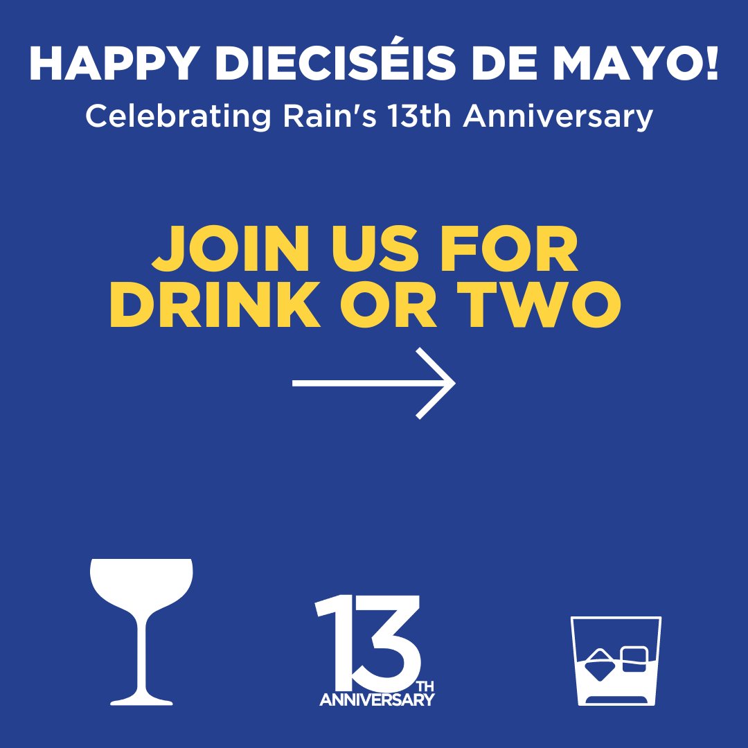 rainbdm's tweet photo. Day 12 of #13DaysofRain - time for a Dieciséis de Mayo party to celebrate our birthday! Care to join us? Cocktail or mocktail? Take your pick. 

#rainbdm https://t.co/G7Ejkcq9ZN